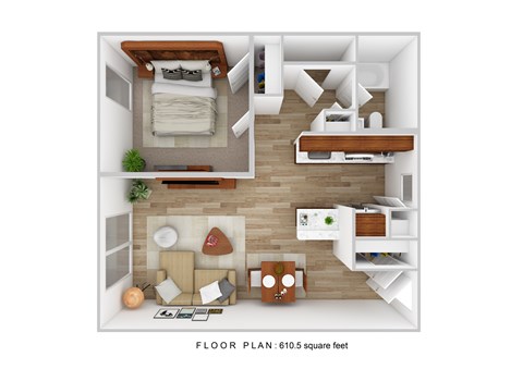 Floor plan for 1 bed, 1 bath, 750 sqft